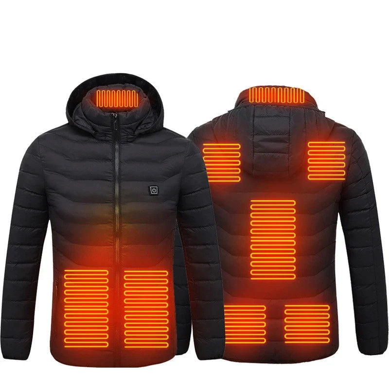A stylish heated jacket with a removable hood, designed for warmth and comfort in chilly British weather.