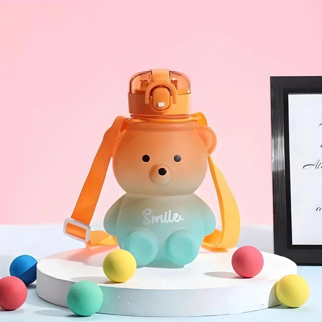 Charming gradient bear-patterned reusable water bottle with straw for convenient hydration on the go