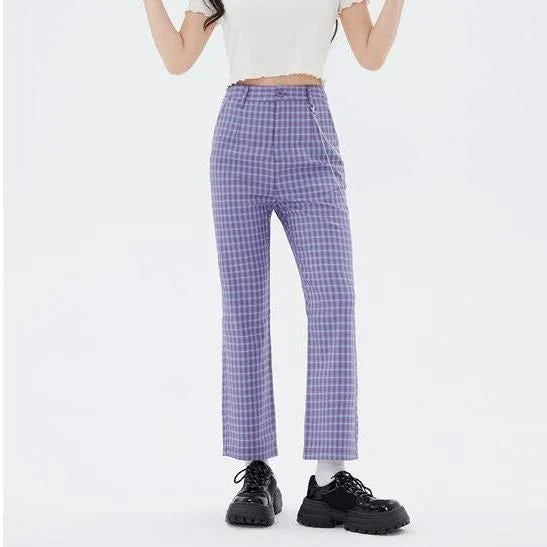Elegant Autumn High-Waist Flared Trousers in Dark Purple with geometric pattern design