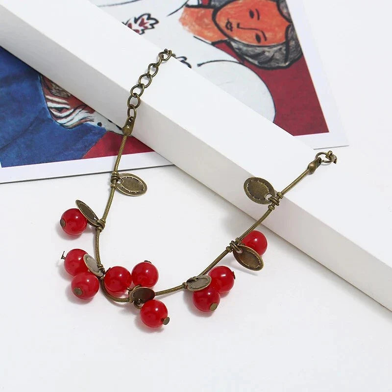Boho Vintage Cherry Coin Bangle for Girls - Handcrafted with Acrylic and Zinc Alloy for Durable, Long-lasting Wear