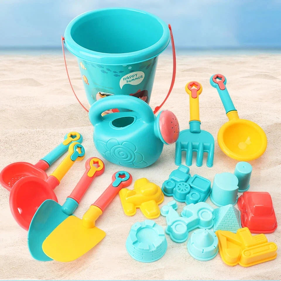 Vibrant 18-piece kids' beach and sand playset with colourful sand toys and shovel