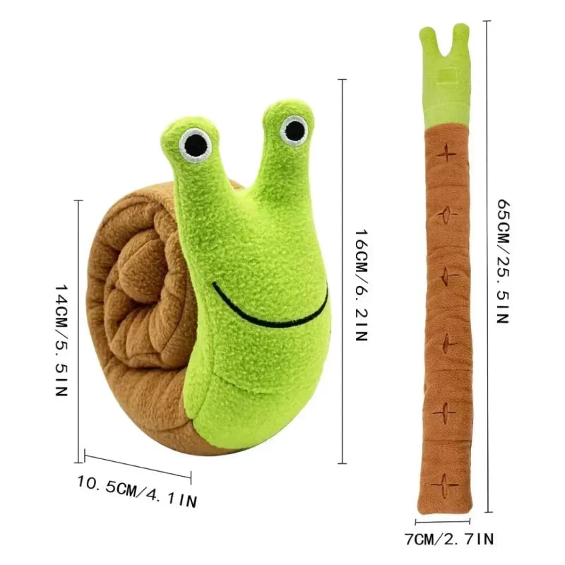 A plush snail-shaped snuffle mat toy with hidden treat pockets, designed to stimulate a dog's natural foraging instincts.