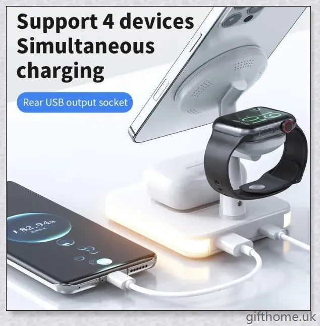 Premium 4-in-1 magnetic wireless charging dock for desks and travel, supporting simultaneous charging of up to 4 devices in black or white