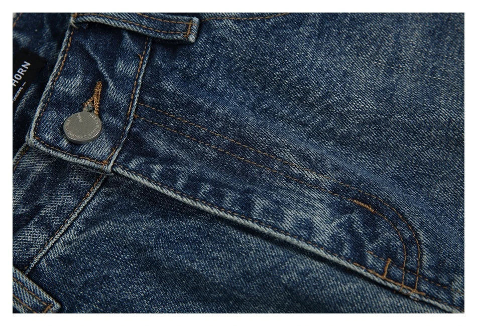 Autumn New Retro Loose Jeans in dark blue colour with straight-leg silhouette and premium cotton fabric