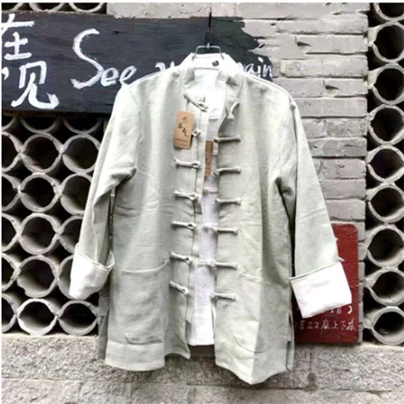 Stylish men's coat with a traditional Tang-style silhouette, made from a breathable cotton-linen blend and featuring a modern colour-block pattern