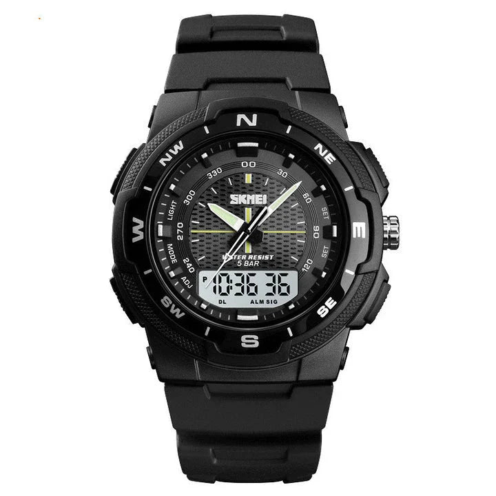 A stylish men's electronic watch with a dual display and a durable rubber strap