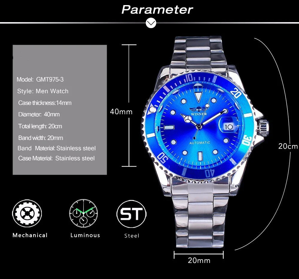 Premium automatic mechanical watch with stainless steel casing, mineral glass mirror, and various colour options for the modern gentleman