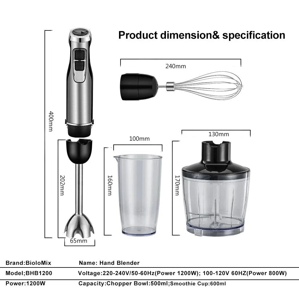 A powerful 1200W 4-in-1 immersion hand blender with attachments for chopping, blending, and whipping