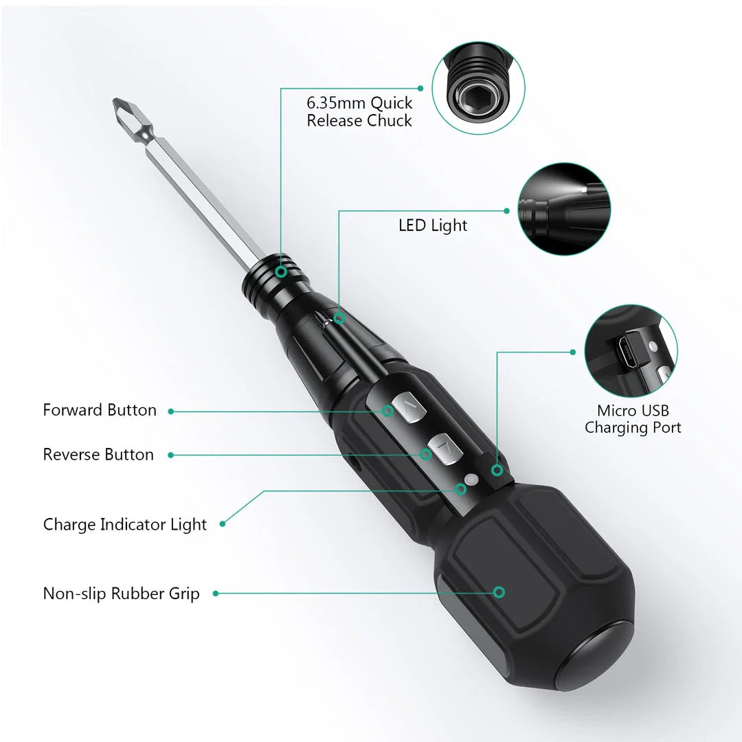 Versatile 9-in-1 cordless screwdriver set with LED lights, featuring dual electric and manual functionality, powerful torque, and a comprehensive bit selection for DIY and repair projects.