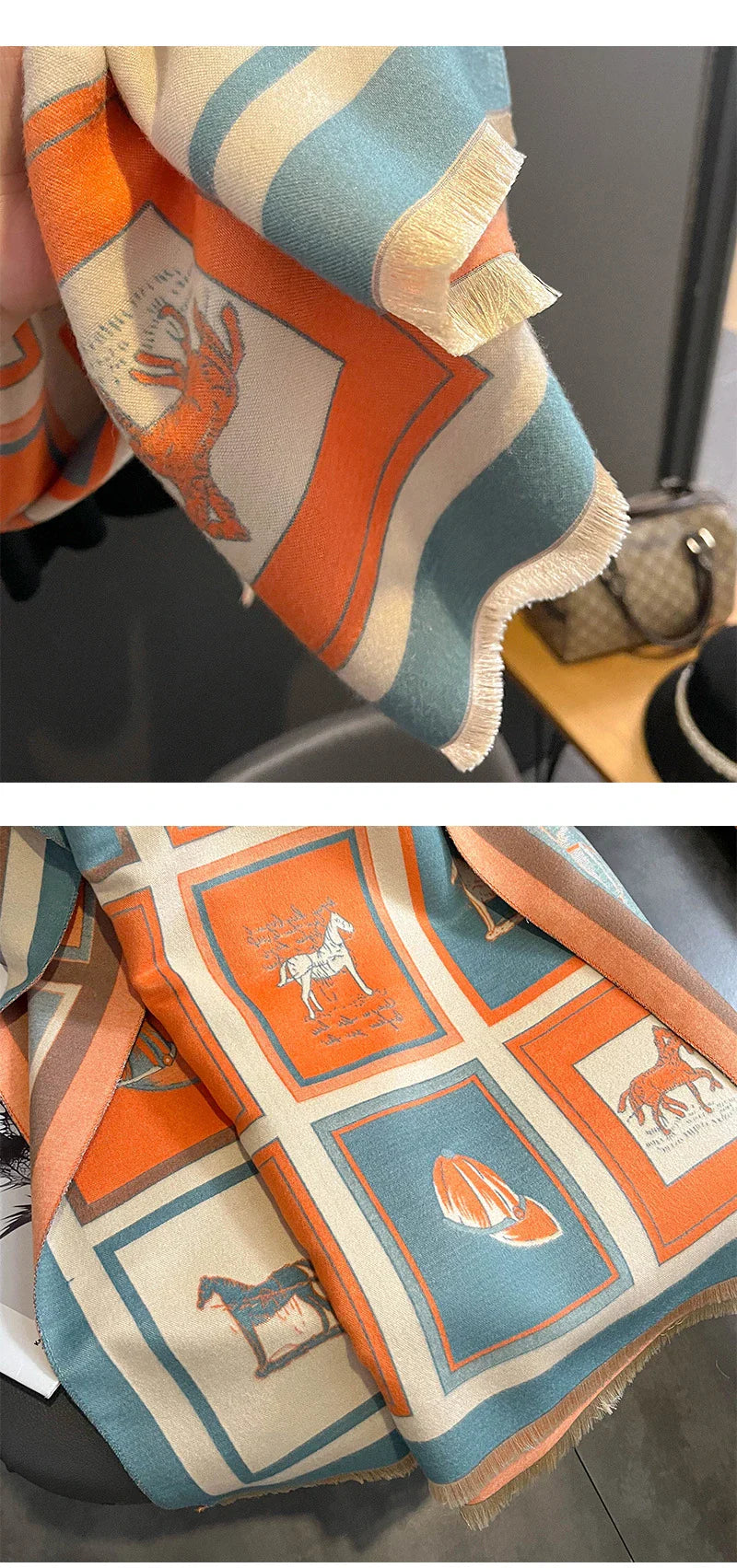Luxurious artificial cashmere scarf in vibrant colours, perfect for keeping warm or cool with its dual-use design.