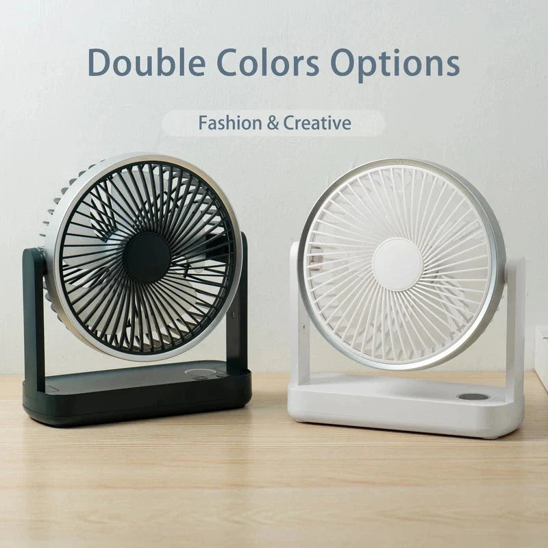 A compact, rechargeable USB desk fan with adjustable speed settings and a tilting head for targeted airflow.