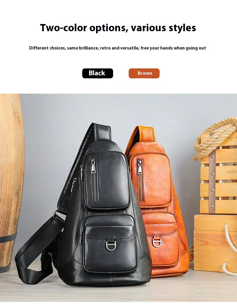 Premium first-layer cowhide chest bag with stylish skeleton skin detailing, suitable for men's everyday use and travel
