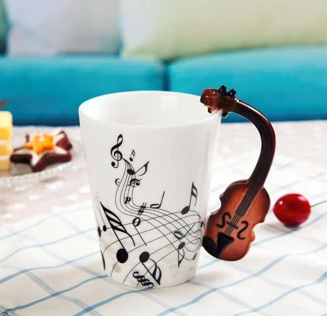 Premium eco-friendly ceramic mug with unique musical instrument-themed designs, a charming and sustainable addition to any kitchen.