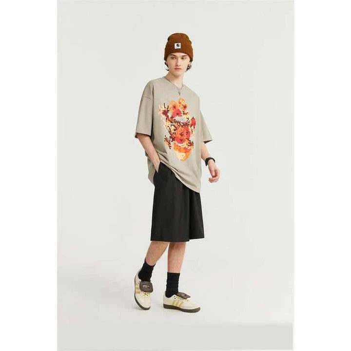 Trendy metallic sunflower print t-shirt in black and khaki colours, made from soft and breathable cotton fabric