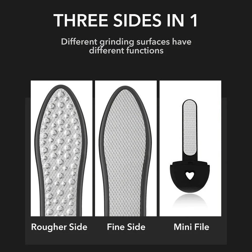 Premium 3-in-1 Foot Care Pedicure Tool with laser-cut stainless steel surfaces and ergonomic handle for salon-worthy feet at home