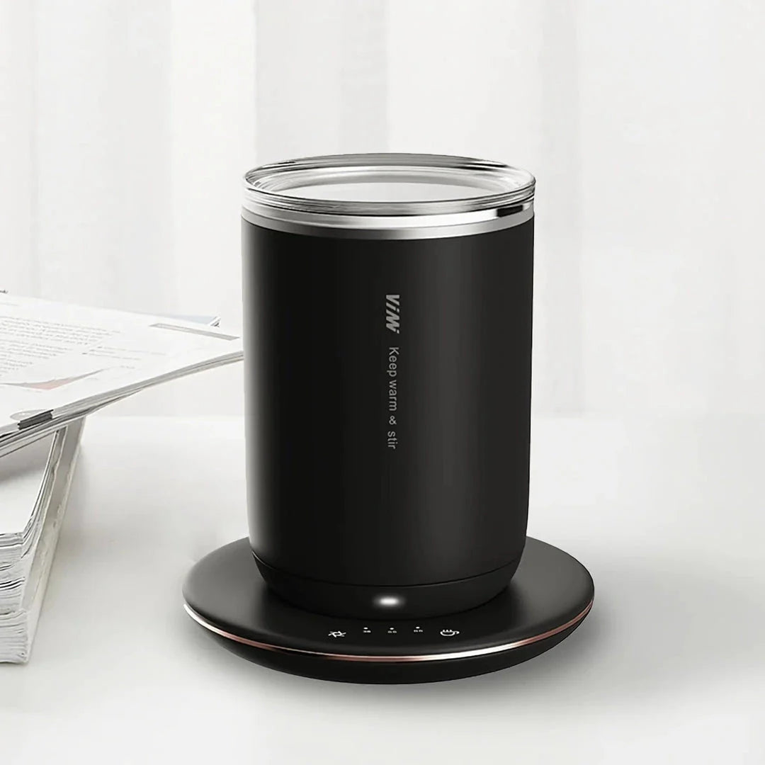 Premium 2-in-1 coffee warmer and automatic magnetic stirring mug with sleek black design and 300ml capacity
