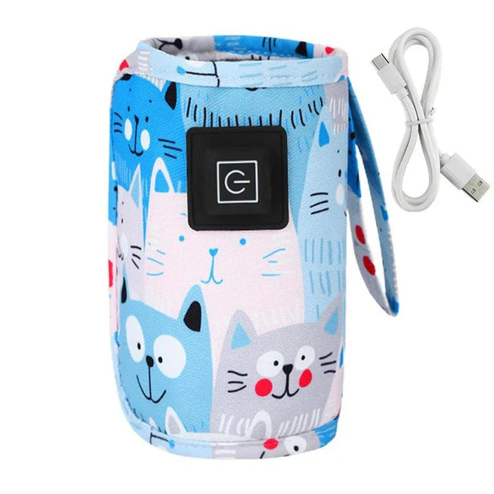Portable USB Baby Bottle Warmer and Insulated Bag in purple, with a USB charging cable and temperature control settings
