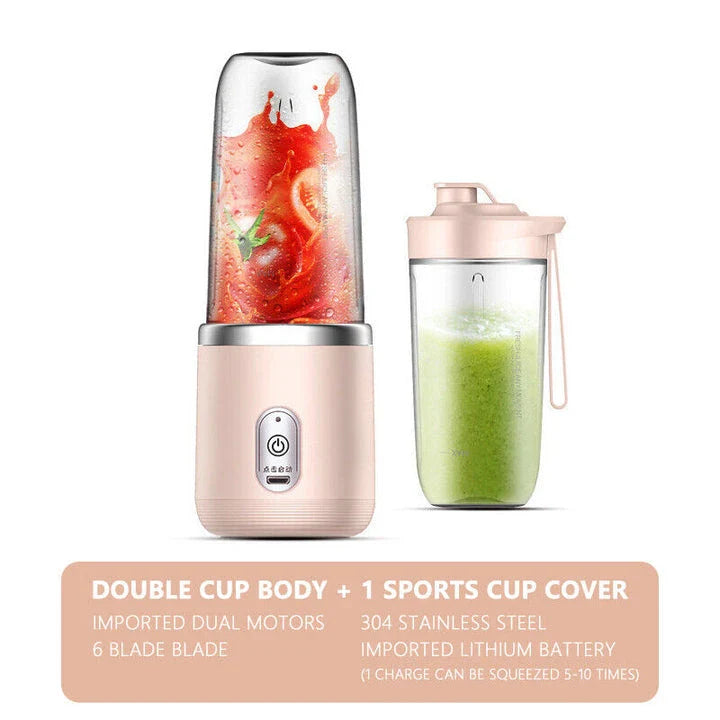 Portable electric juice extractor with a pink lid, designed for on-the-go healthy hydration and wellness