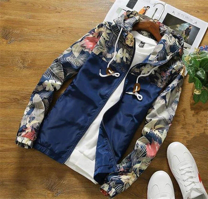 Men's slim-fit hooded jacket with camouflage print, zippered pocket, and premium chemical fibre blend fabric