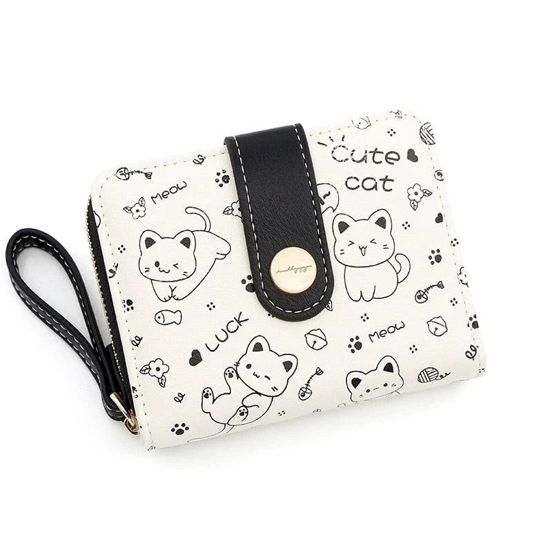 Stylish cat-themed compact wallet with zippered coin pocket, card slots, and key storage