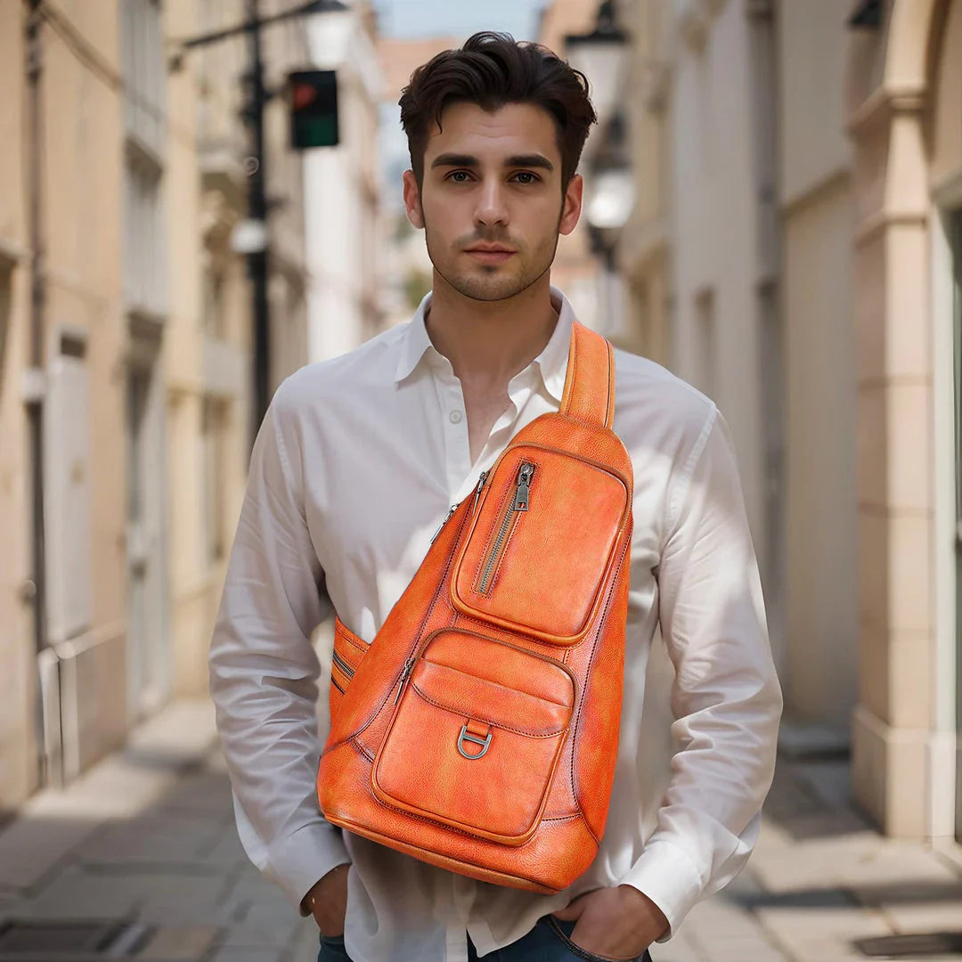 Premium first-layer cowhide chest bag with stylish skeleton skin detailing, suitable for men's everyday use and travel