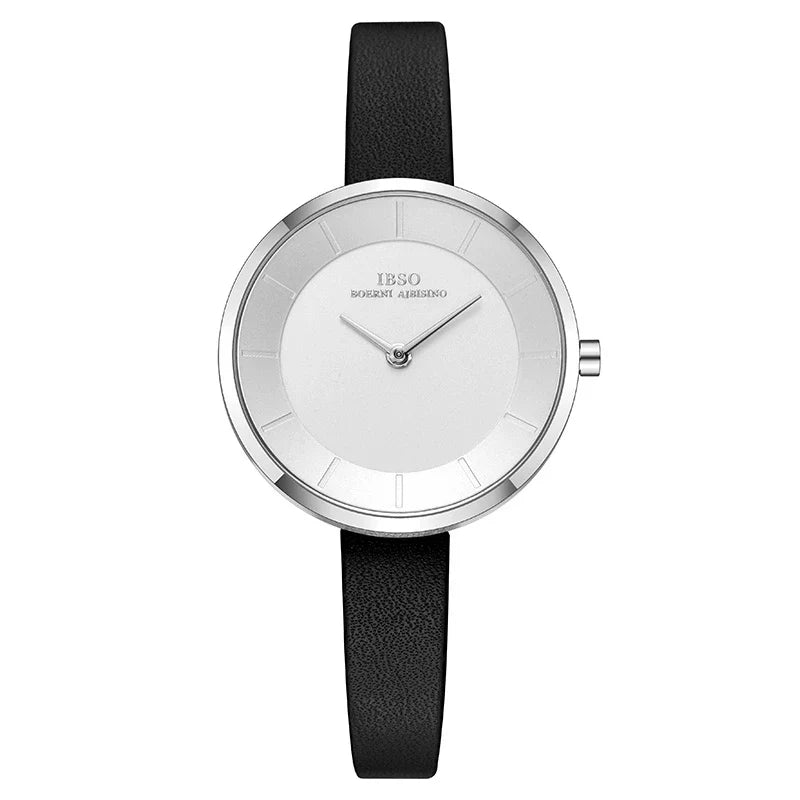 Stylish slim ladies' waterproof watch in various colours, including black, tan, grey, and white, with rose gold or silver accents.