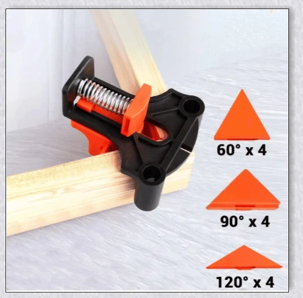 High-quality woodworking corner clamp set with 60°, 90°, and 120° angle heads for precise alignment and secure clamping
