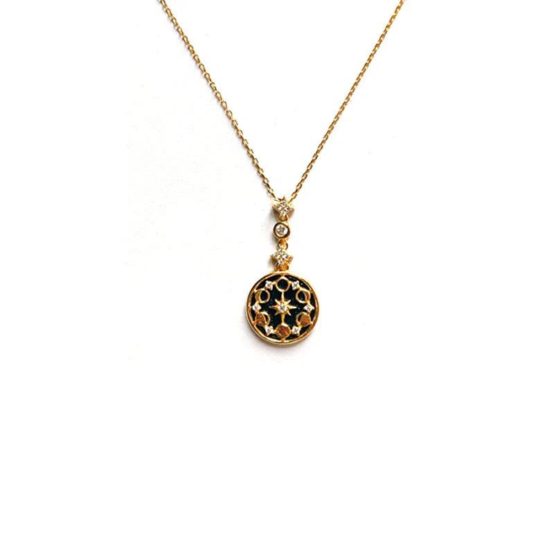 Elegant silver necklace with diamond detailing, geometric pattern, and adjustable length