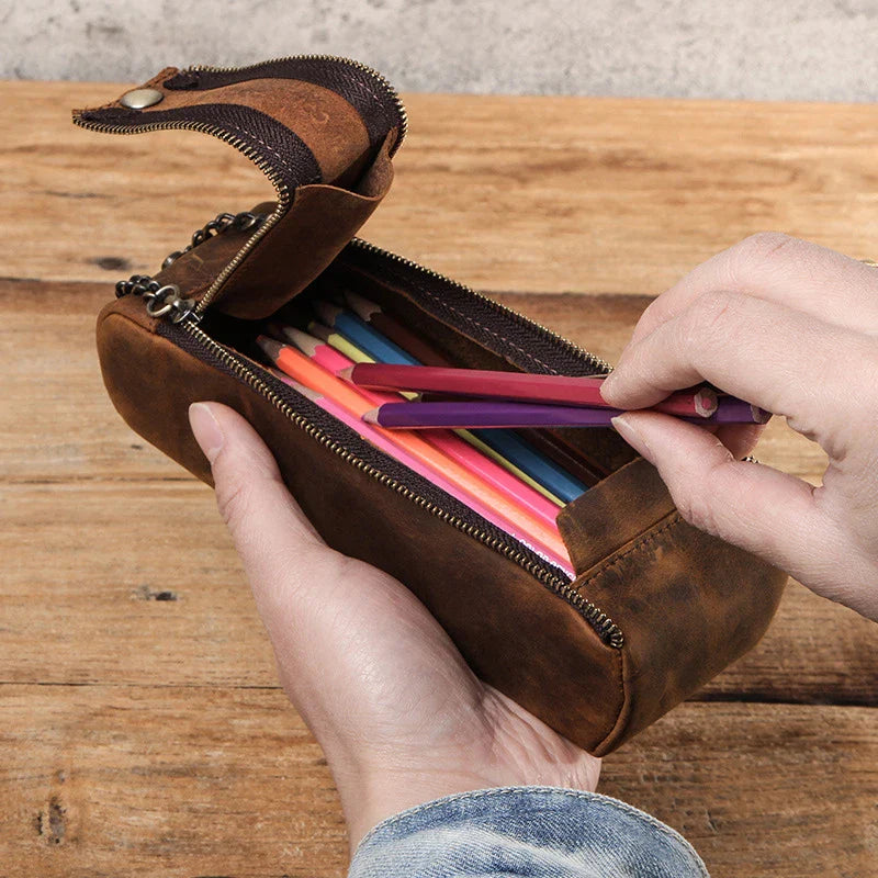 Premium Crazy Horse Leather Double-Zip Portfolio Bag with Sleek Design and Ample Storage Space