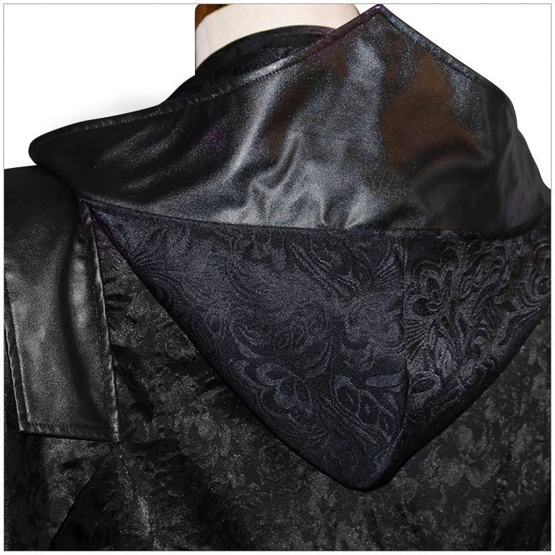 Black stand collar leather gothic cape coat with a flowing, dramatic silhouette