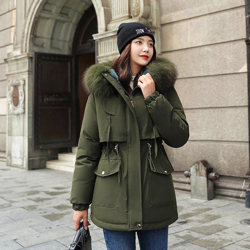 Premium down-filled jacket in black colour, featuring a hooded design and zipper closure for warmth and style.