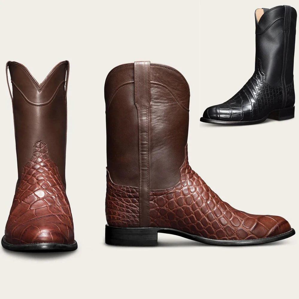 Premium black leather cowboy boots with EVA insole and durable PU outer material for men