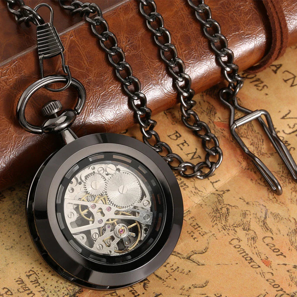A vintage-inspired mechanical pocket watch with a skeleton display, showcasing the intricate inner workings of the timepiece.