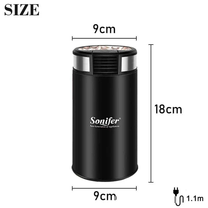 Compact electric stainless steel coffee grinder with sleek design and powerful 200-watt motor for consistent grinding