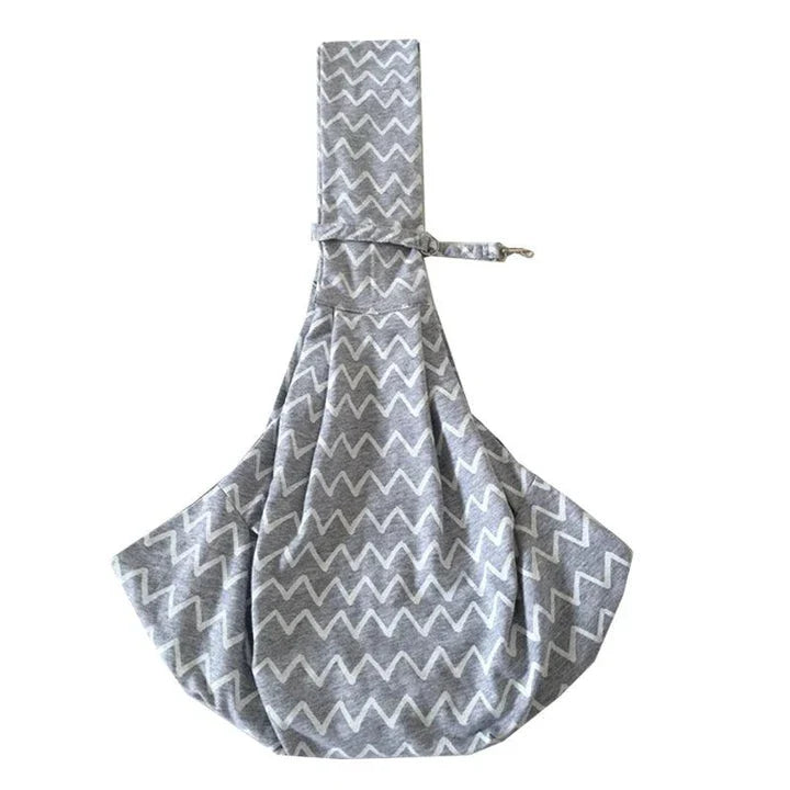 Grey striped cotton pet sling carrier bag with adjustable strap for comfortable and secure pet transport