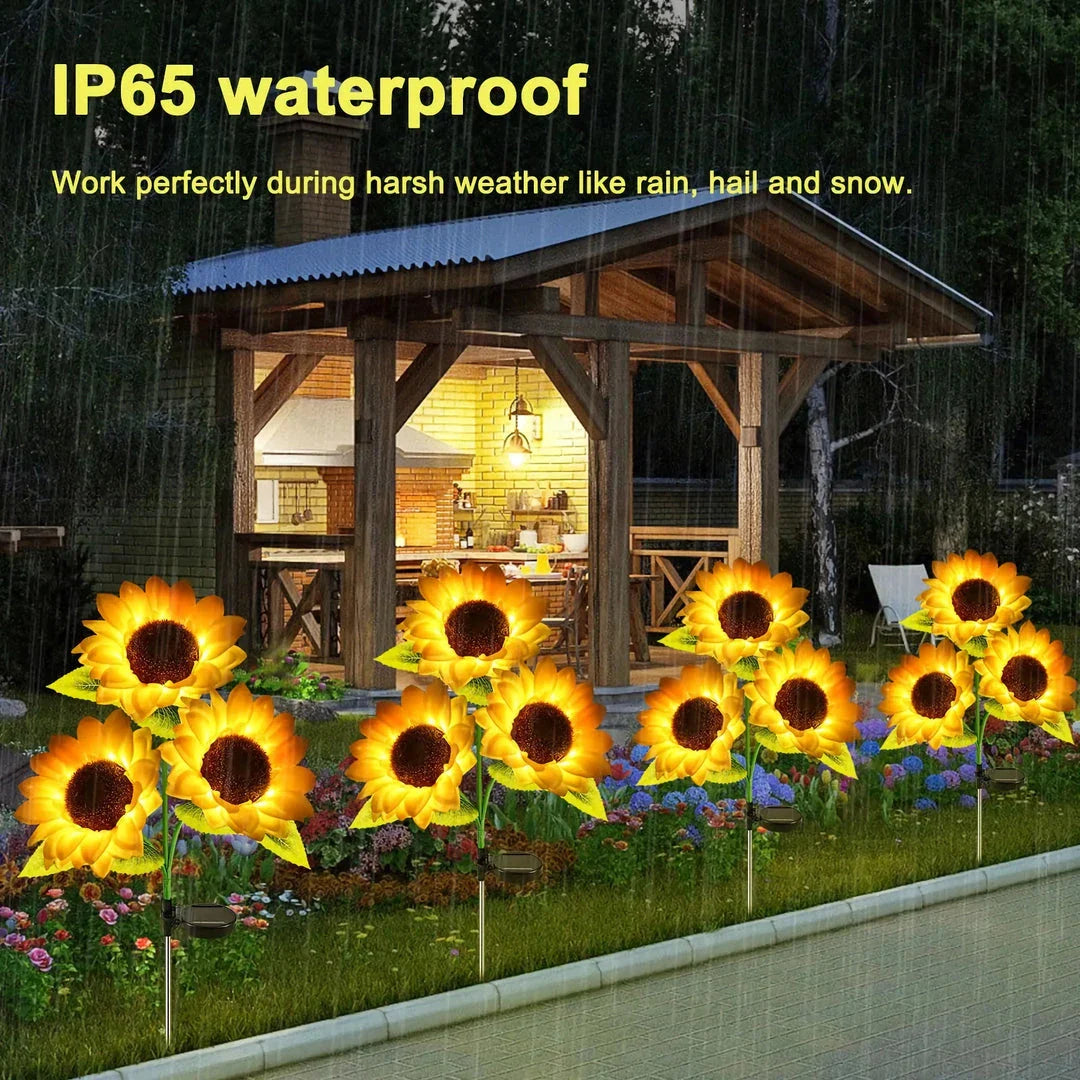 Solar-powered sunflower garden lights with realistic petals, leaves, and buds for elegant outdoor decor