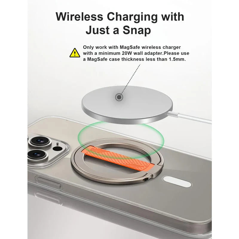 A premium 360-degree magnetic ring phone holder with wireless charging capabilities, made from high-quality aluminium alloy.