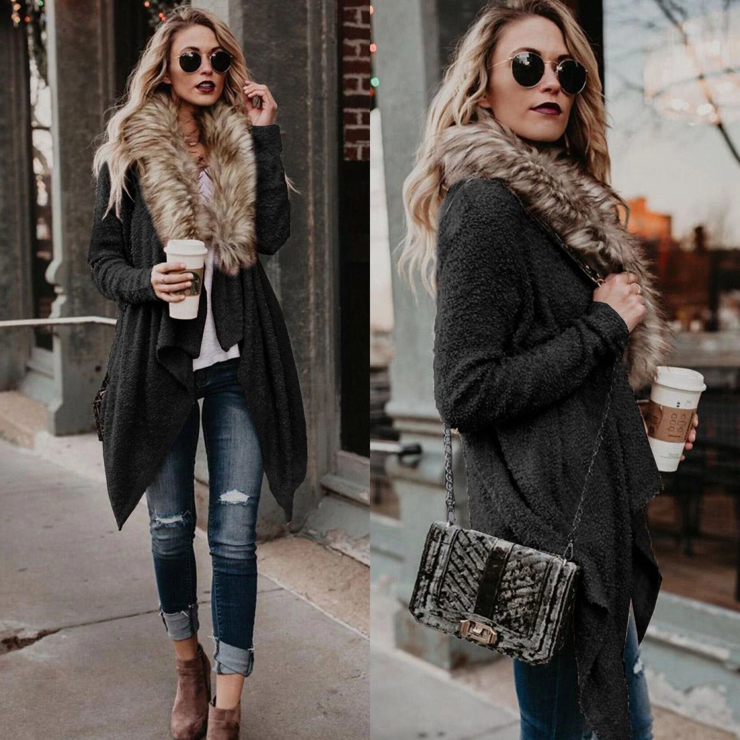 Premium plush trench coat with luxurious fur collar in khaki colour, perfect for transitional British weather