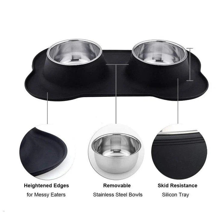 Stainless steel and silicone anti-slip double pet feeding bowl with elevated, slip-resistant design for dogs and cats