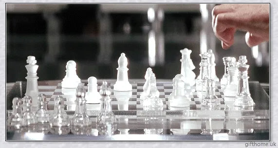 Acrylic Elegant Glass Chess Set with transparent board and frosted/clear glass pieces in small, medium and large sizes