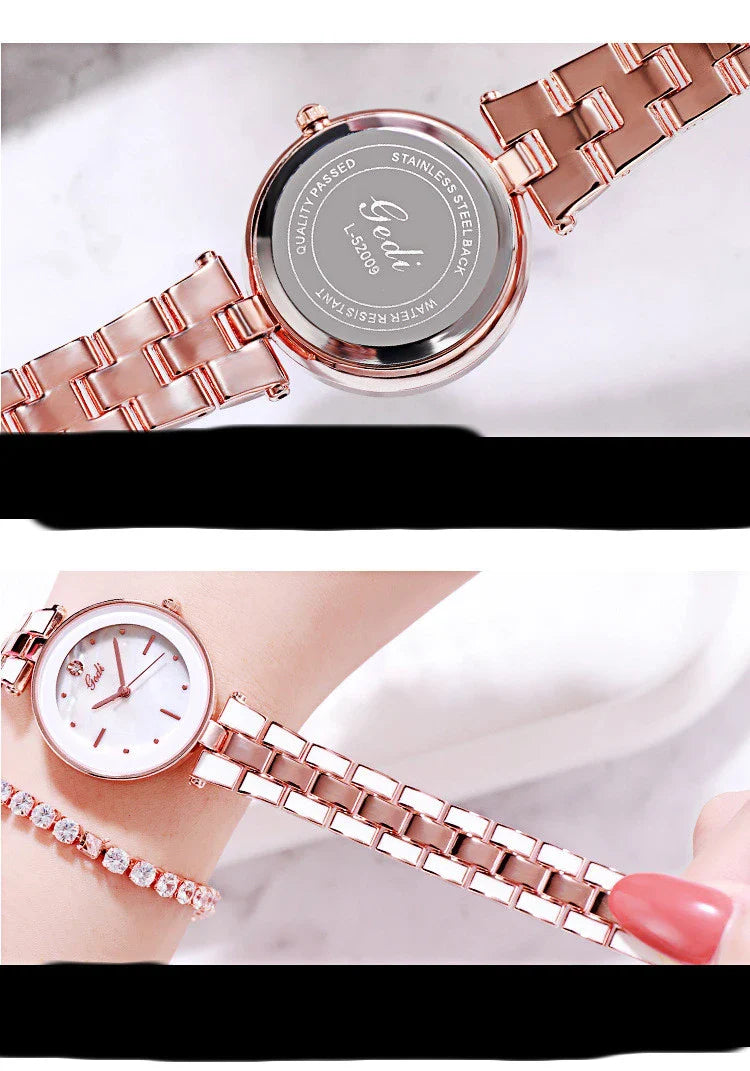 Trendha Ladies Watch with a sleek 30mm dial, screw-down crown, and stainless steel strap in a stylish white and rose gold colour scheme