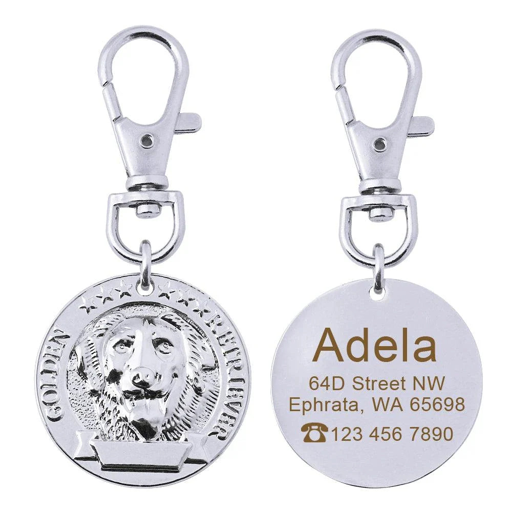A premium silver dog ID tag with a customized engraved design, providing both style and practical functionality for your beloved canine companion.