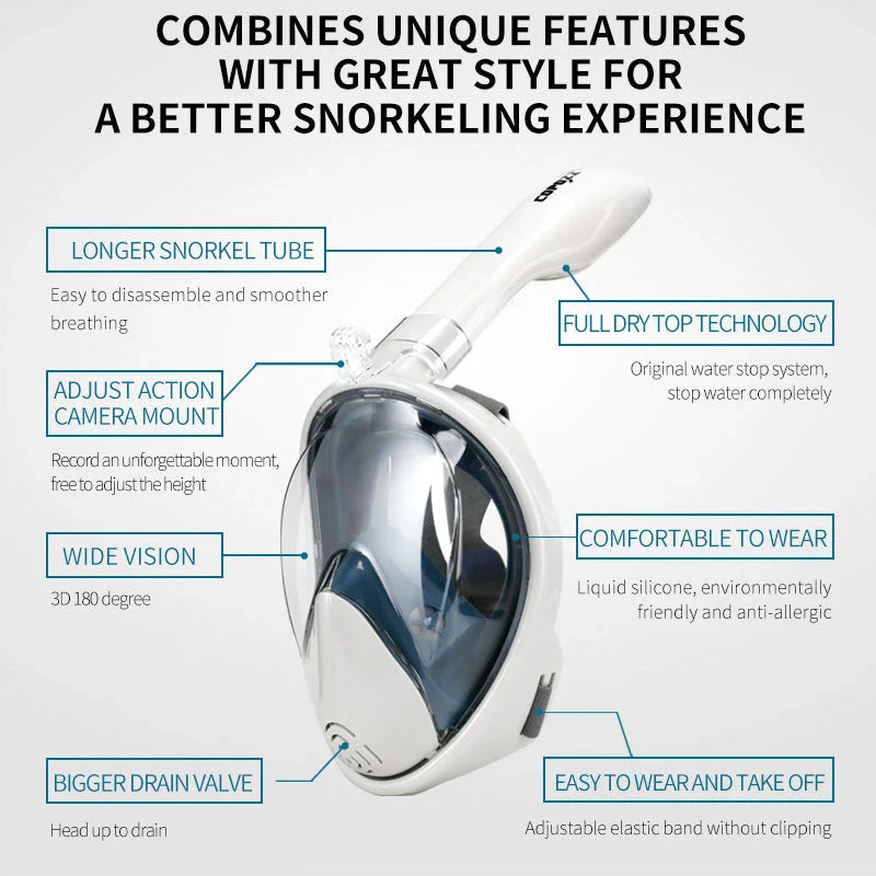 Premium full face anti-fog snorkel mask with wide 180-degree viewing and adjustable camera mount