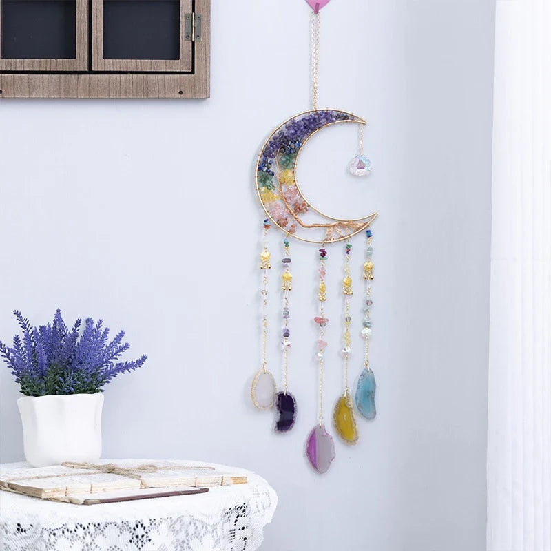 Mesmerising Moon Agate Crystal Pendant Dream Catcher with a stunning array of colourful agate crystals