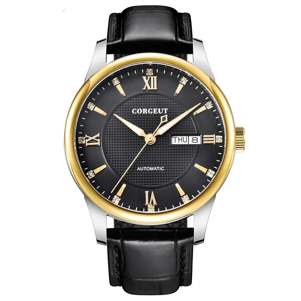 A sophisticated automatic mechanical watch with a gold/white or gold/black face, stainless steel case, and genuine leather strap