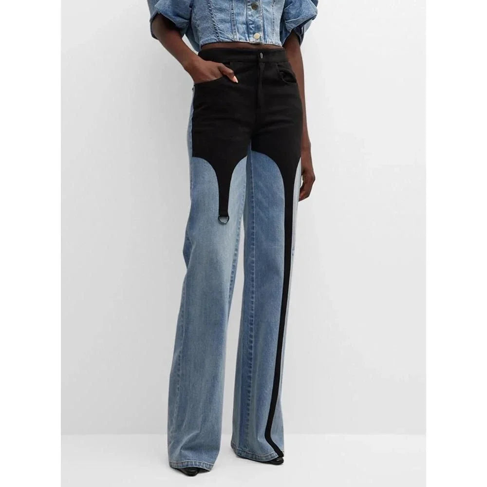 Women's stylish high-waist wide-leg jeans with contrast stitching in black and blue