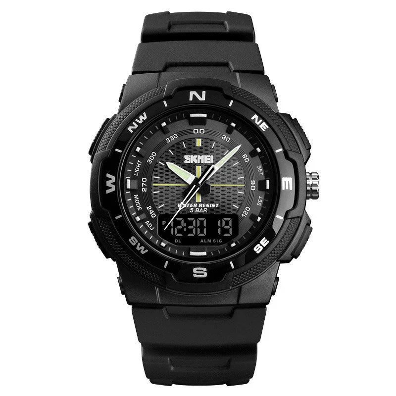 A stylish men's electronic watch with a dual display and a durable rubber strap