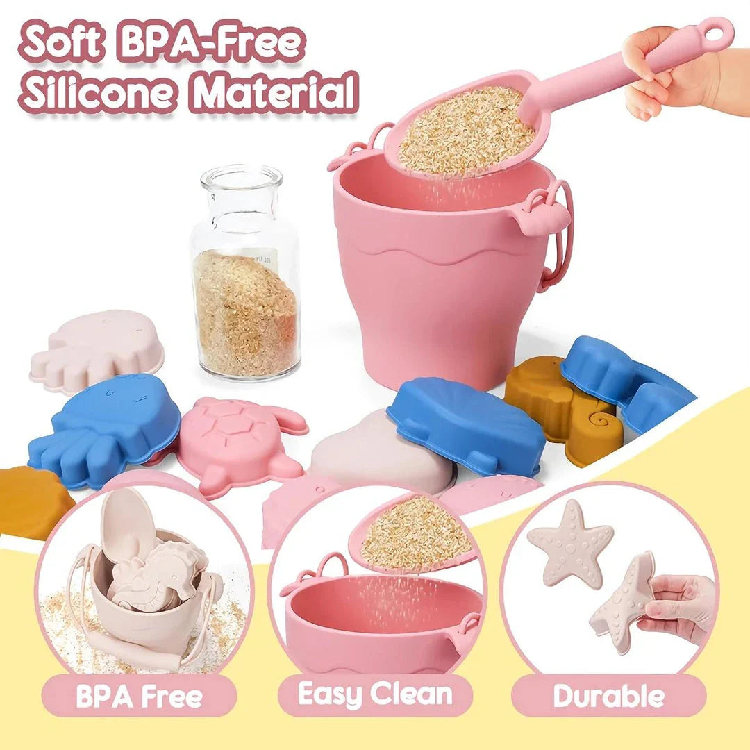 Premium eco-friendly silicone beach playset with bucket, spades, and themed molds for children's creative outdoor play