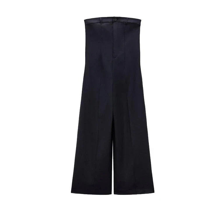 Trendha Contrast Stitching Tube Top Jumpsuit in Sea Blue, featuring raglan sleeves, wide legs, and a shawl neckline design
