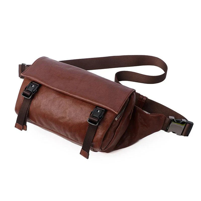 A stylish vegetable-tanned leather messenger bag for men, featuring a retro-inspired design and ample storage space.